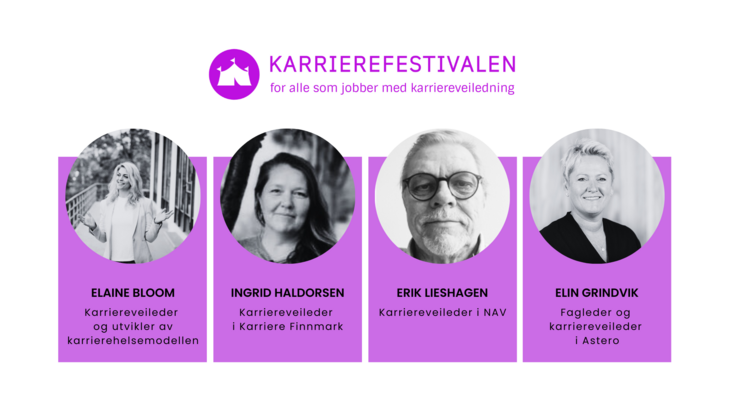 Bilde viser sorthvittbilder av de fire foredragsholderne som skal presentere på fredagen under Karrierefestivalen 2023