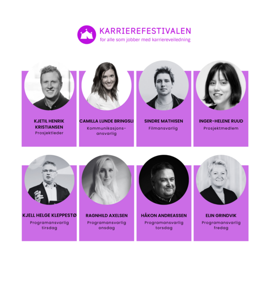 Profilbilder av de åtte som er med i prosjektet Karrierefestivalen 2023